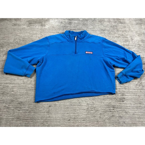 Vineyard Vines Tops - Vineyard Vines Pullover Womens L Blue Quarter Zip Raw Hem Cropped Cotton Logo